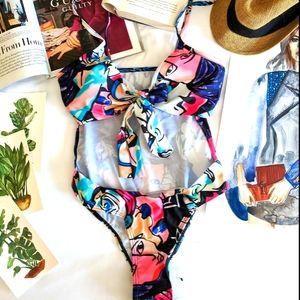 Cut Out Tied Bowknot Print Women Swimsuit
